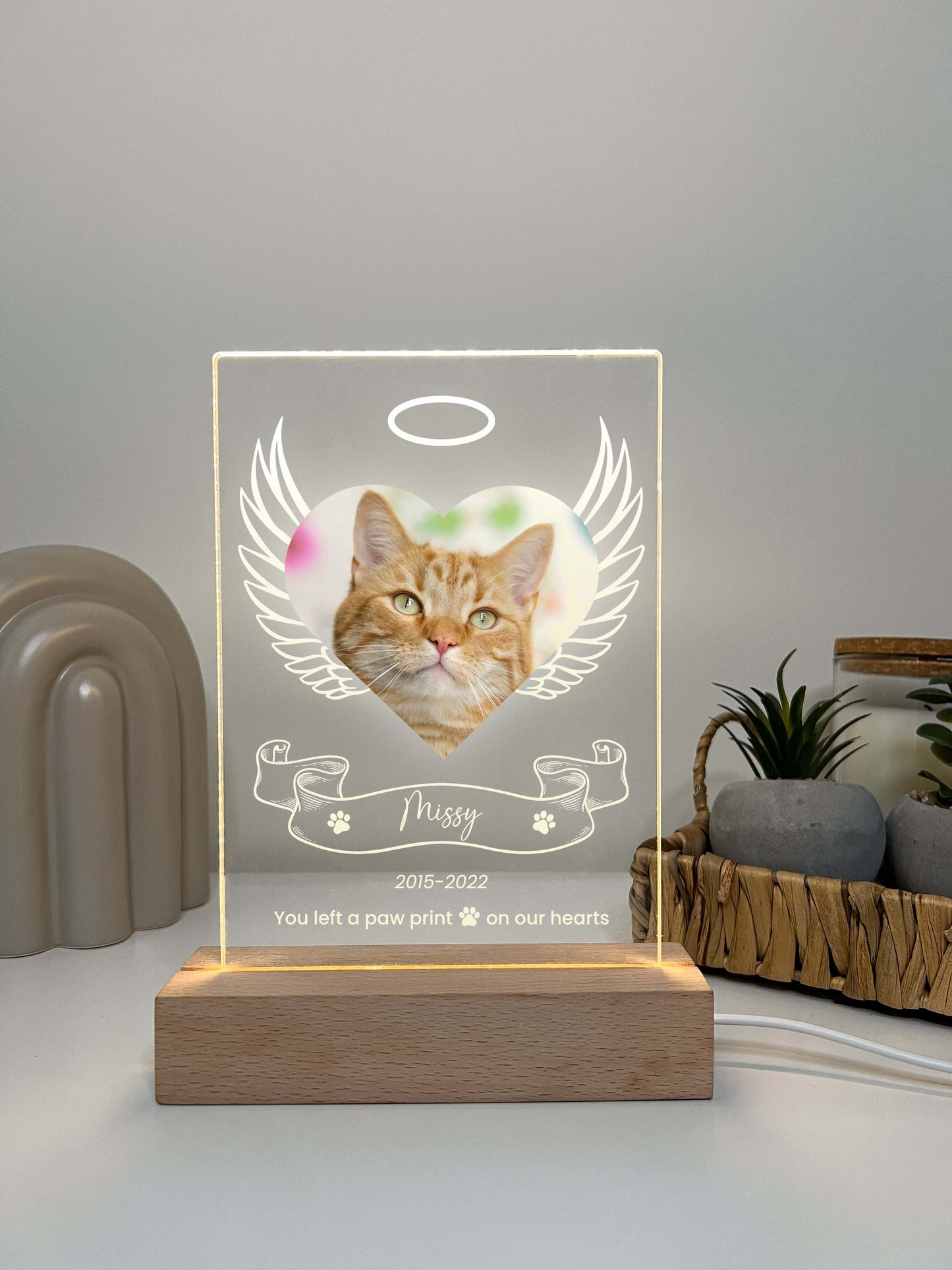 Pet Memorial Angel Wings Night Light with Wooden Base, Custom Pet Plaque, Pet Night Light, Custom Pet Photo, Pet Memorial Frame, Gifts for Pets, Cat Dog Loss Gift