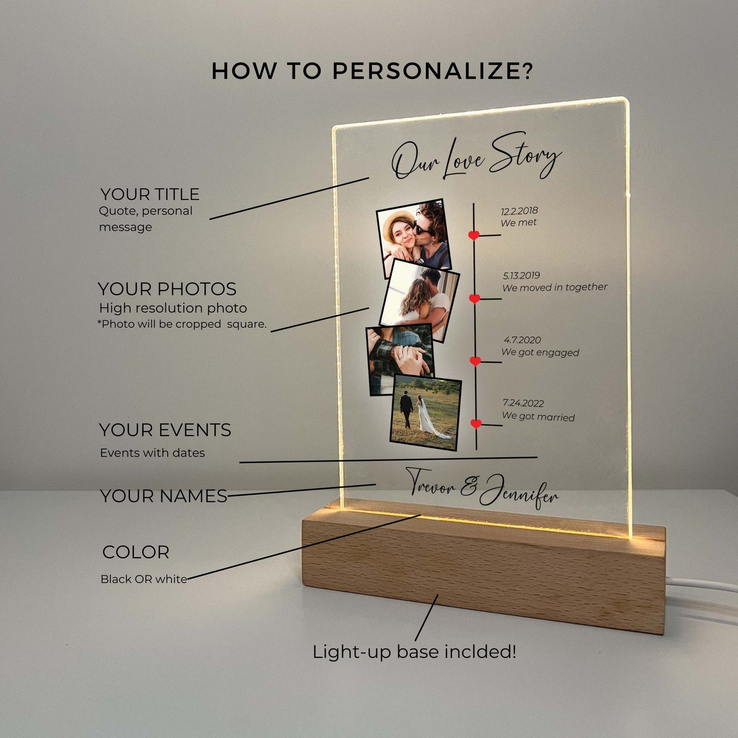 Our Love Story Personalized Photo Stand Light LED Lamp with Wooden Base