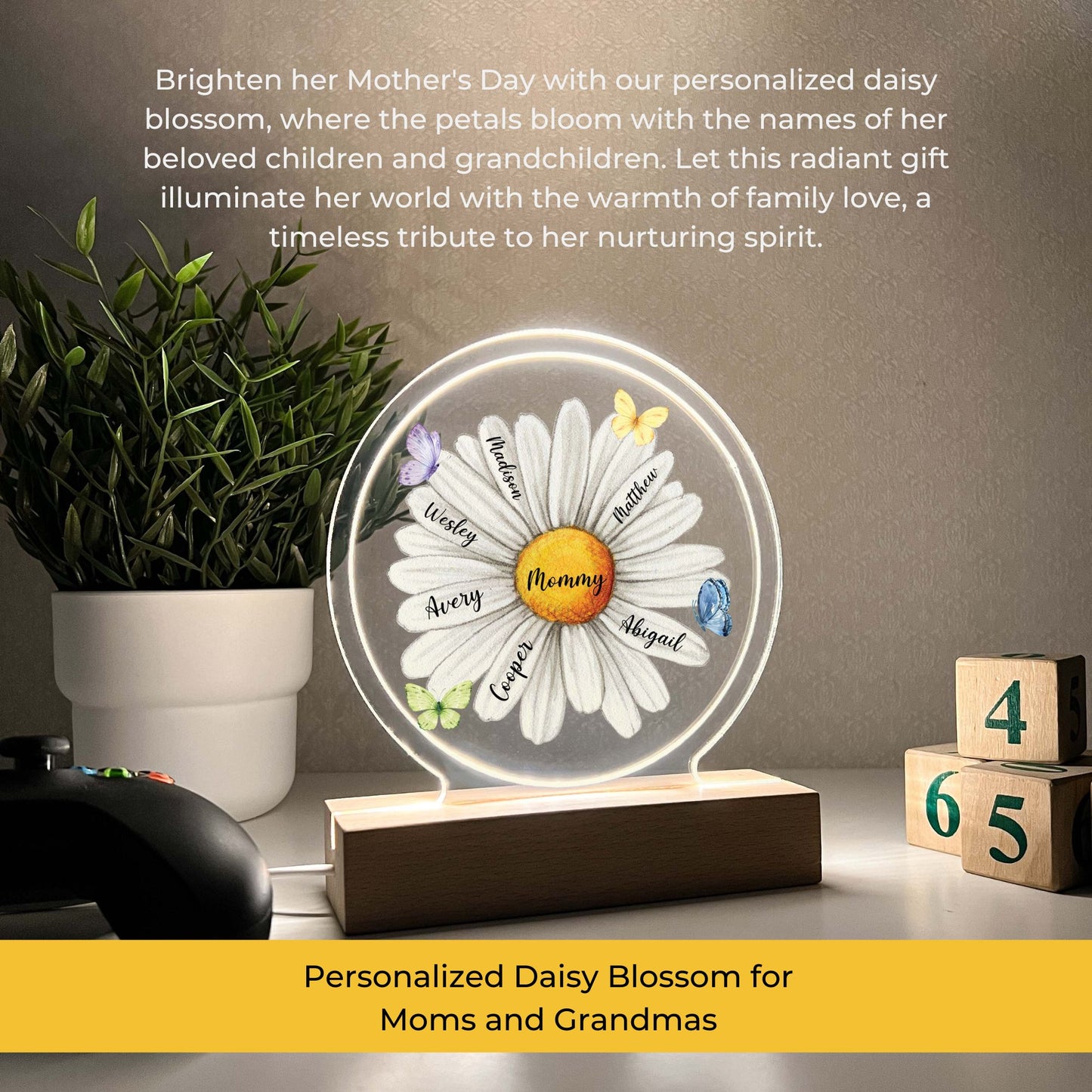 Custom LED Wood Stand Personalized Daisy Blossom Night Light Up Lamp for Moms, Mommy Mama & Grandmas Nana Mema - Children's Name on Pedals