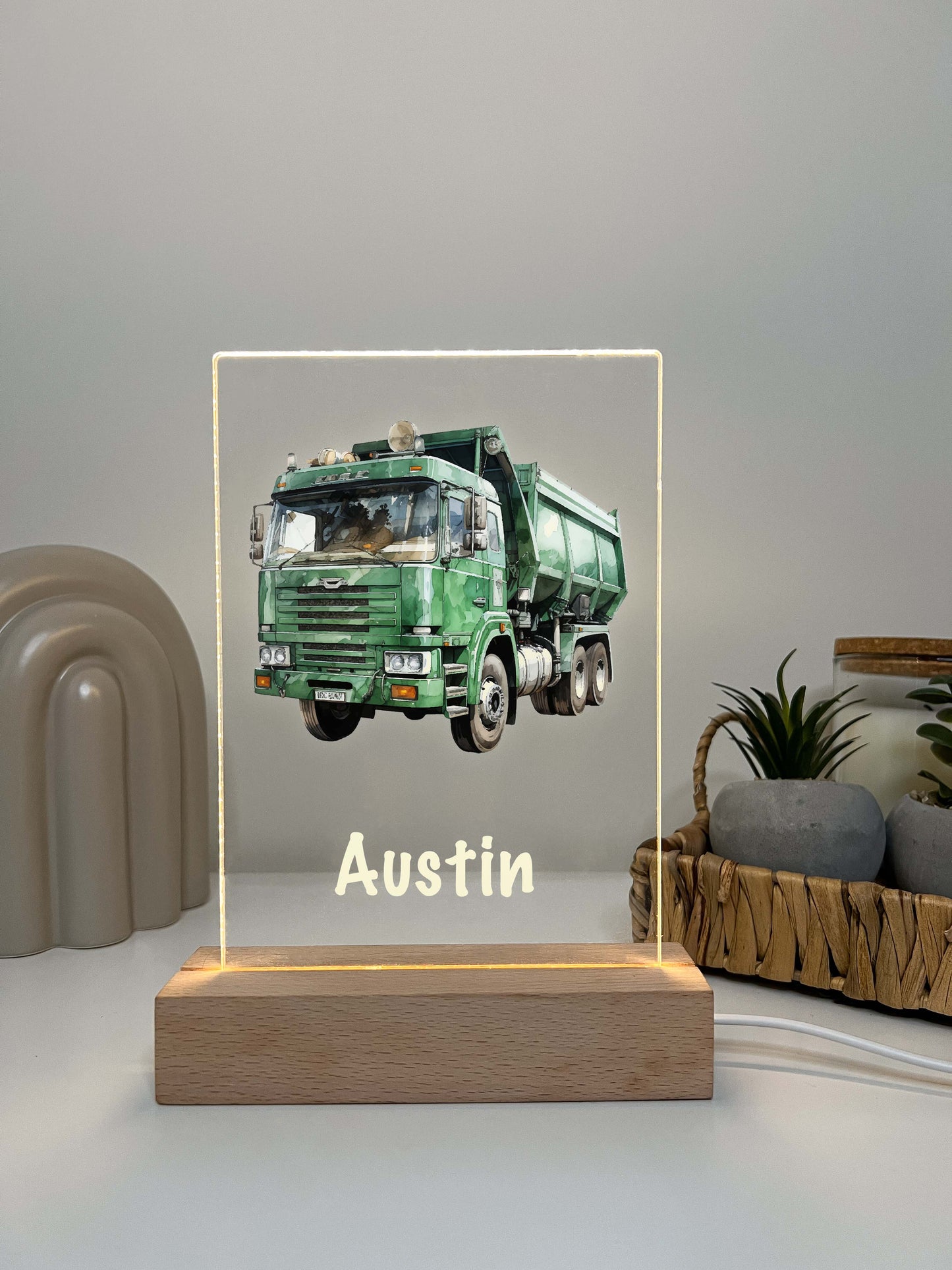 Personalized Boys Garage Truck LED Lamp with Wooden LED Stand, Sanitation Garbage Trash Truck Dumping Trailer Heavy Duty Equipment Themed Gift