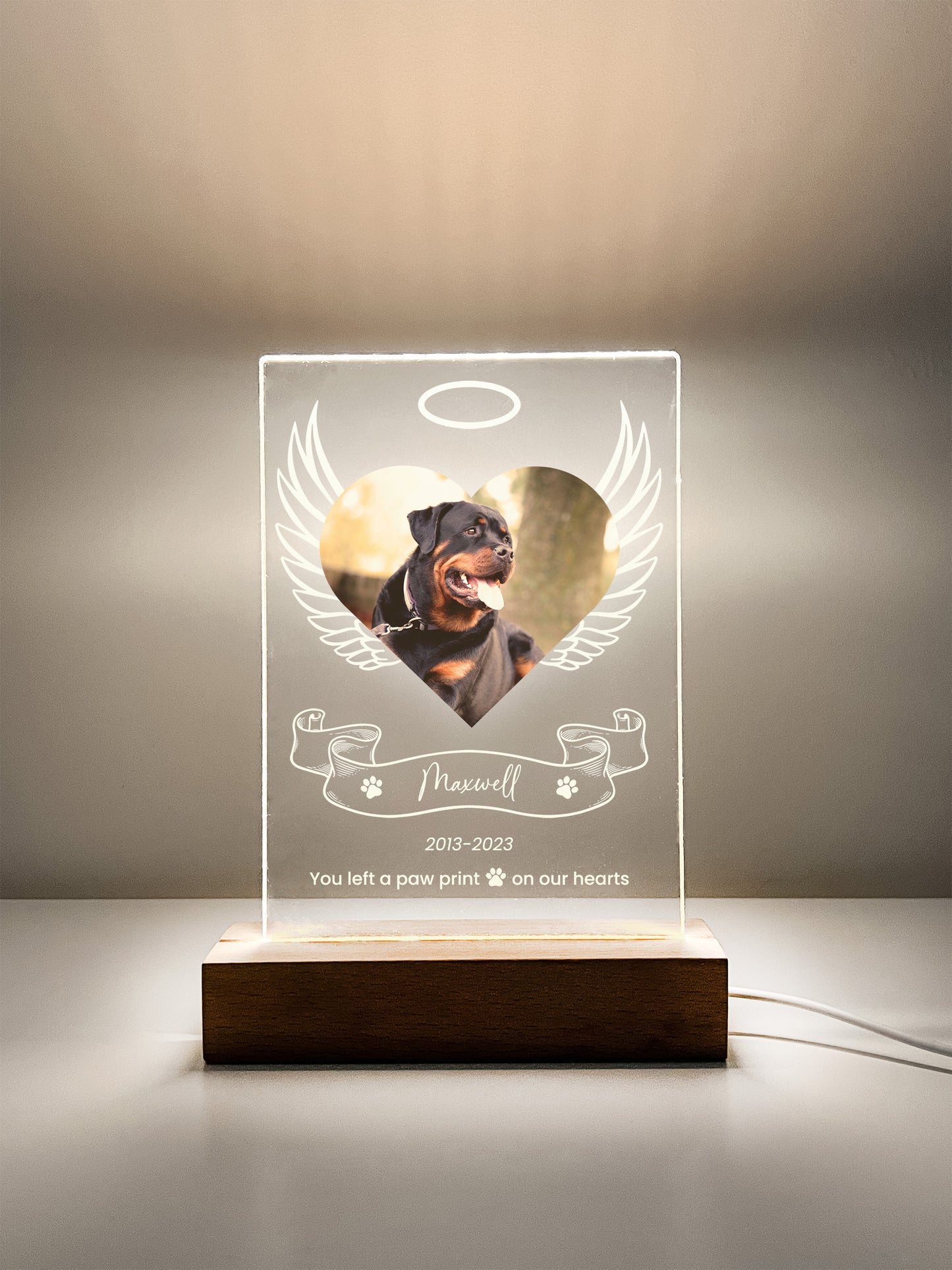 Pet Memorial Angel Wings Night Light with Wooden Base, Custom Pet Plaque, Pet Night Light, Custom Pet Photo, Pet Memorial Frame, Gifts for Pets, Cat Dog Loss Gift