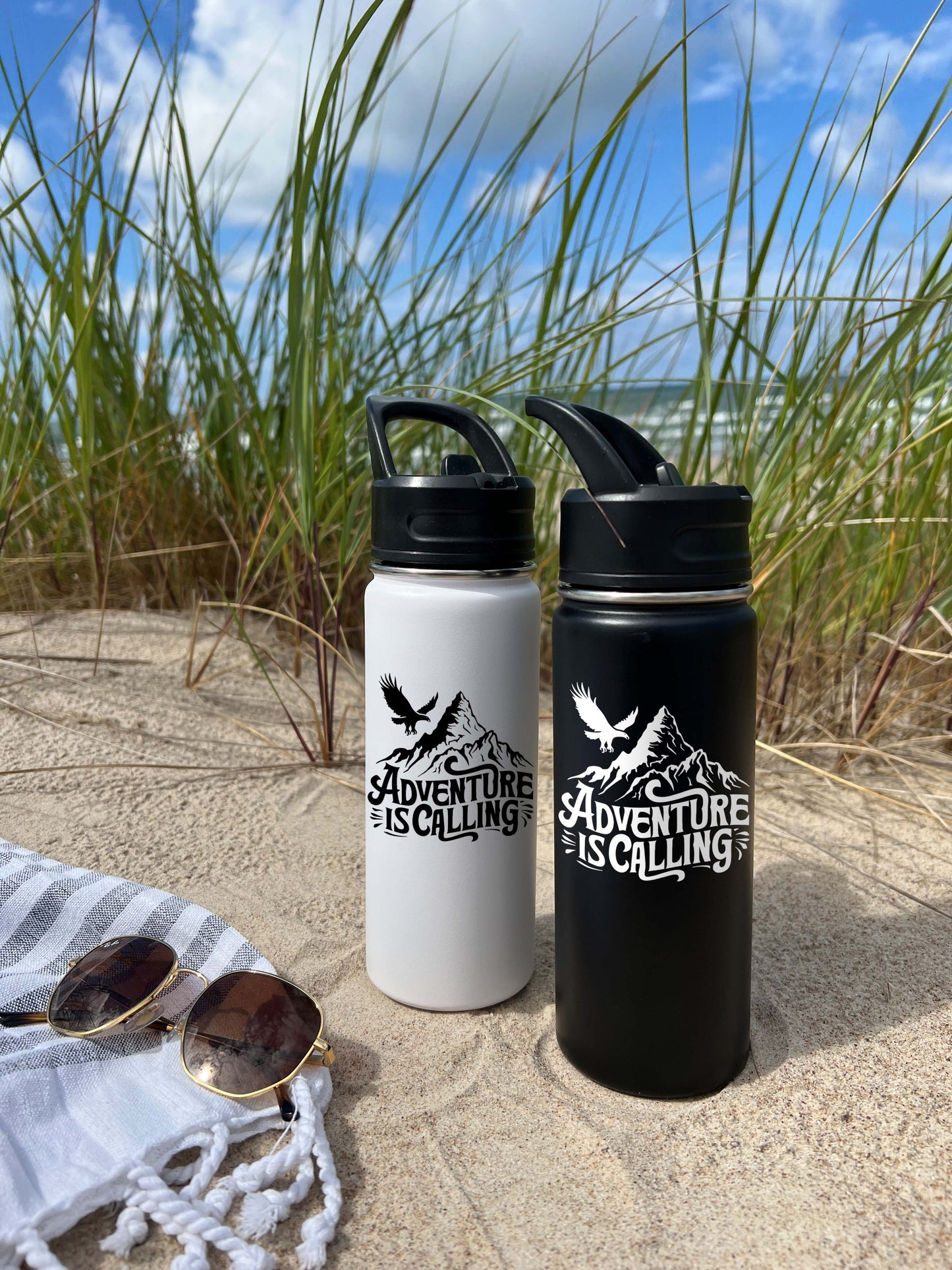 Adventure is Calling Sports Water Bottle 18/32 oz, Traveling, Stainless Steel Insulated Flasks, Custom Water Bottle, Name Bottle,  Keeps Cold 24 Hrs