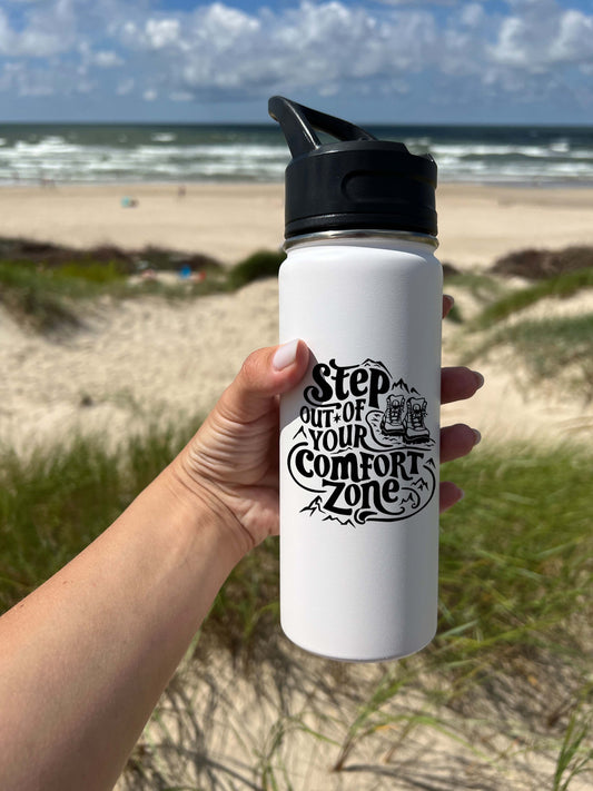 Out of Comfort Zone Sports Water Bottle 18/32 oz, Traveling, Stainless Steel Insulated Flasks, Custom Water Bottle, Name Bottle,  Keeps Cold 24 Hrs