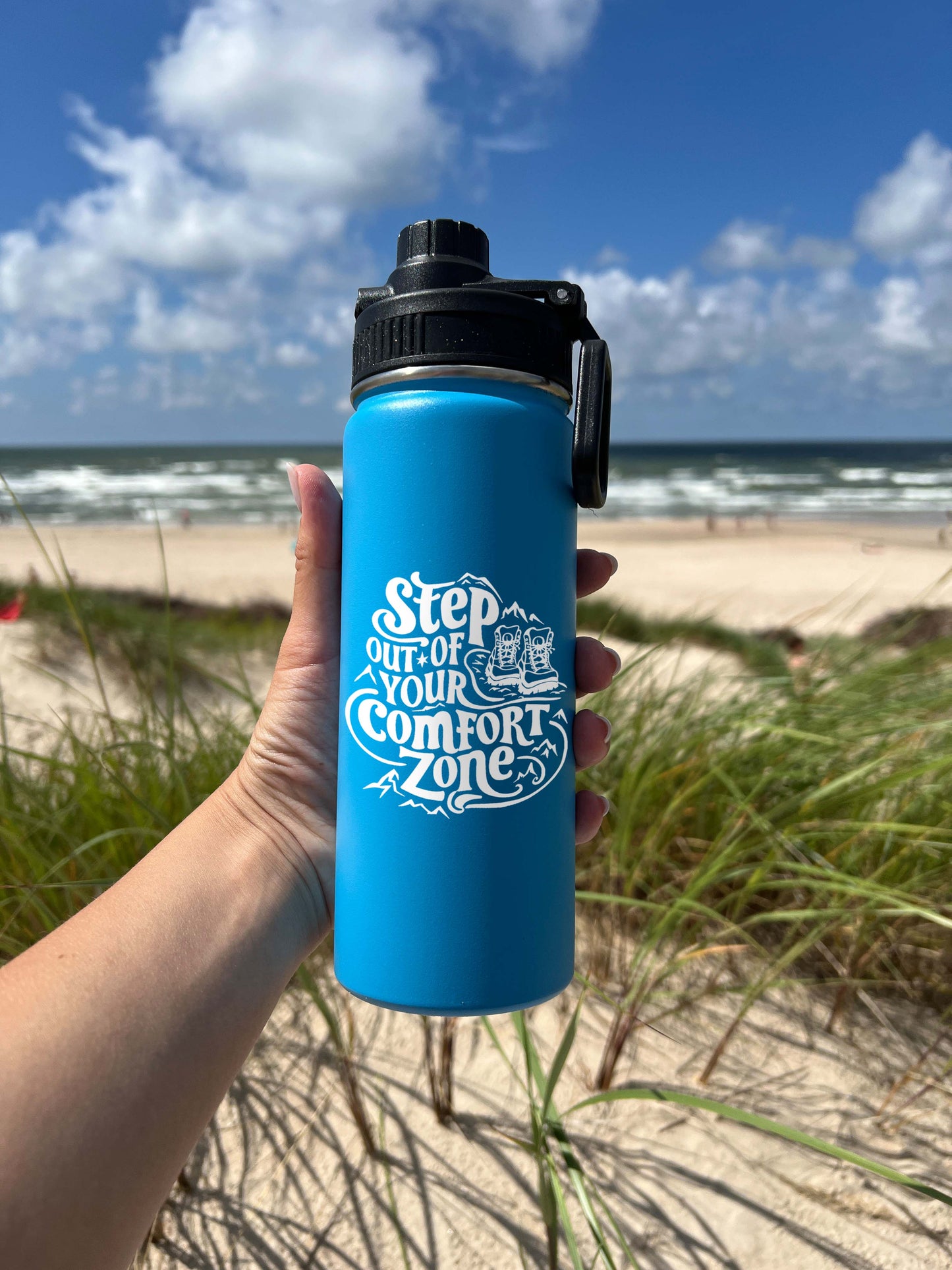 Step out of Comfort Zone Sports Water Bottle 18/32 oz, Traveling, Stainless Steel Insulated Flasks, Custom Water Bottle, Name Bottle,  Keeps Cold 24 Hrs