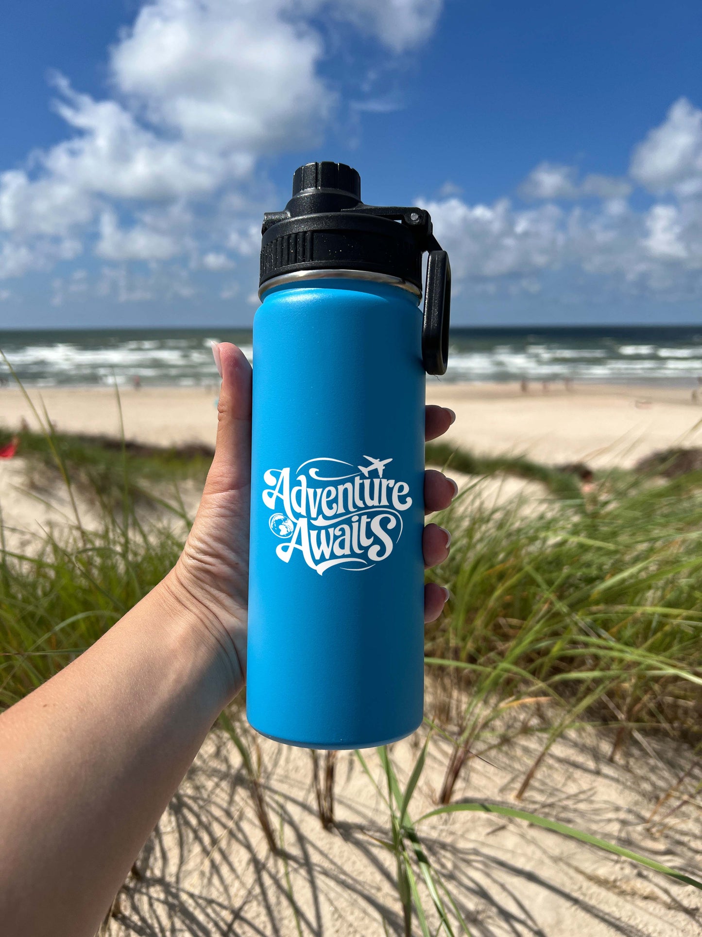 Adventure Awaits Sports Water Bottle 18/32 oz, Traveling, Stainless Steel Insulated Flasks, Custom Water Bottle, Name Bottle,  Keeps Cold 24 Hrs