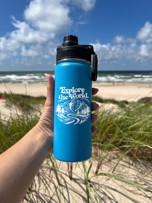 Explore the World Sports Water Bottle 18/32 oz, Traveling, Stainless Steel Insulated Flasks, Custom Water Bottle, Name Bottle,  Keeps Cold 24 Hrs