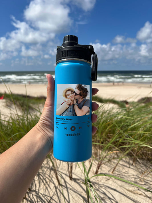 Spotify and Custom Photo Sports Water Bottle 18/32 oz Stainless Steel Insulated Flasks, Custom Water Bottle, Name Bottle, Keeps Cold 24 Hrs