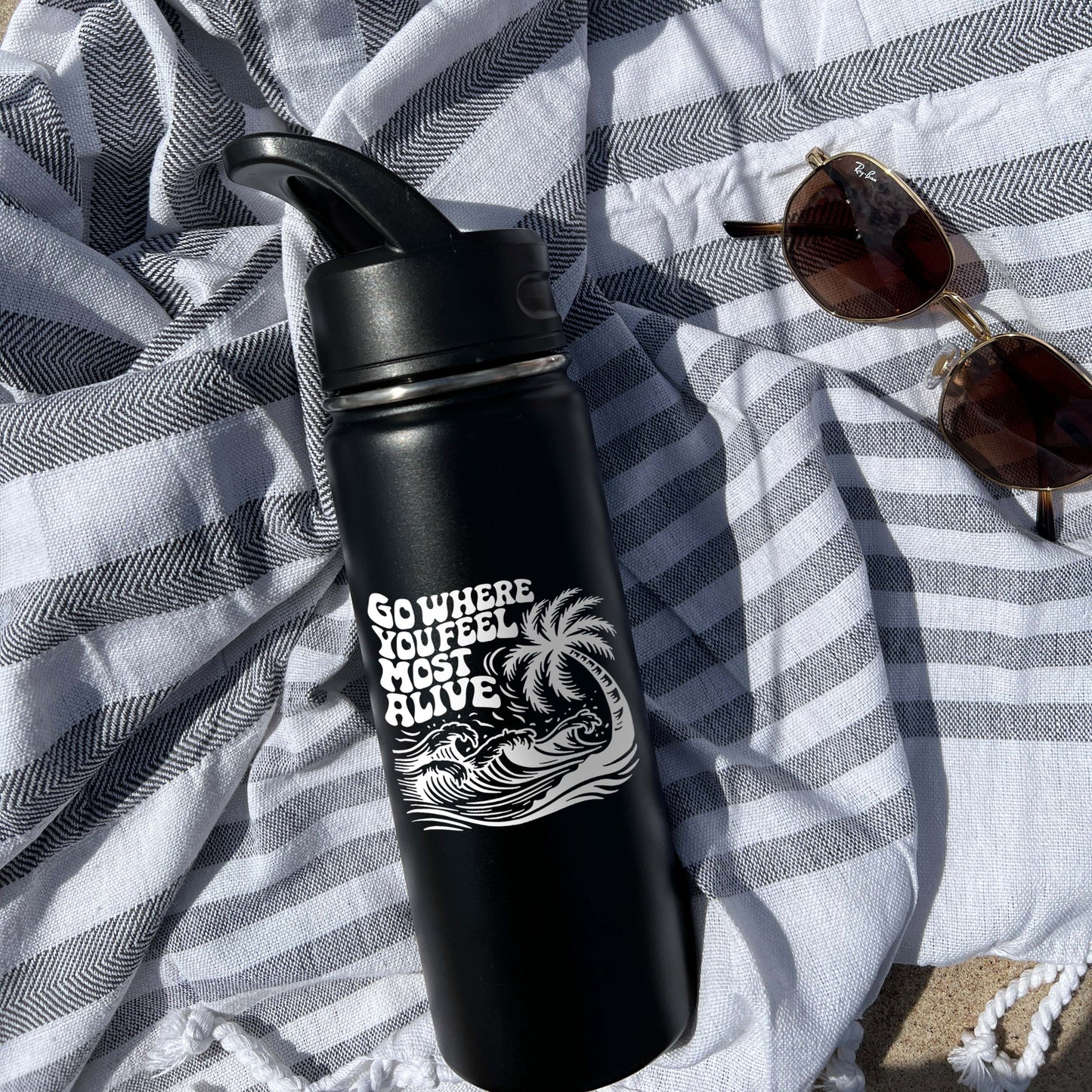 Palm tree and Wave Sports Water Bottle 18/32 oz,  Stainless Steel Insulated Flasks, Custom Water Bottle, Name Bottle,  Keeps Cold 24 Hrs