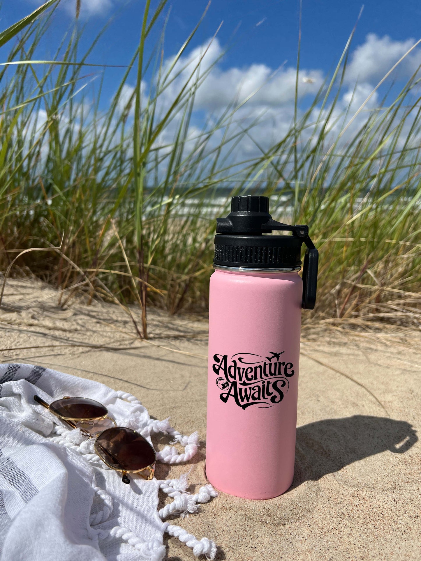 Adventure Awaits Sports Water Bottle 18/32 oz, Traveling, Stainless Steel Insulated Flasks, Custom Water Bottle, Name Bottle,  Keeps Cold 24 Hrs