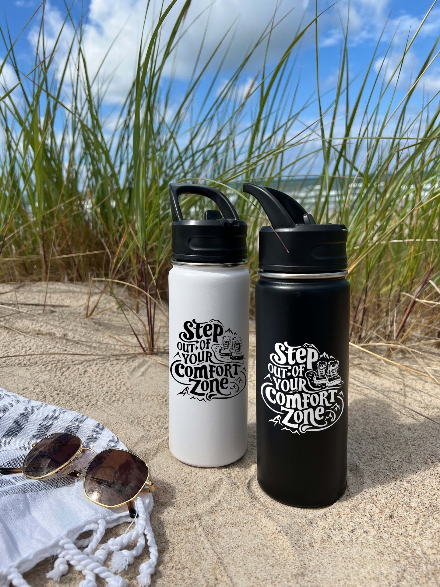 Step out of Comfort Zone Sports Water Bottle 18/32 oz, Traveling, Stainless Steel Insulated Flasks, Custom Water Bottle, Name Bottle,  Keeps Cold 24 Hrs