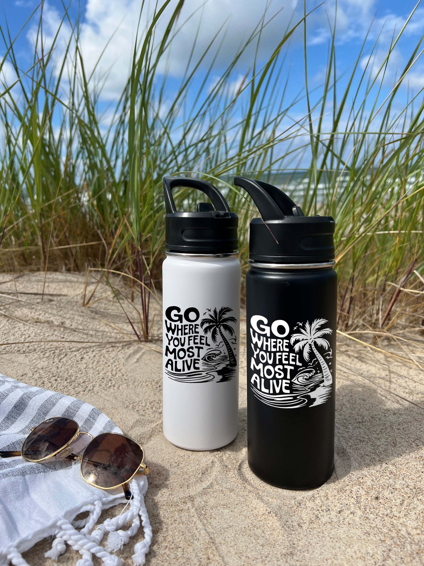 Go where you feel most alive Sports Water Bottle 18/32 oz, Traveling, Stainless Steel Insulated Flasks, Custom Water Bottle, Name Bottle,  Keeps Cold 24 Hrs