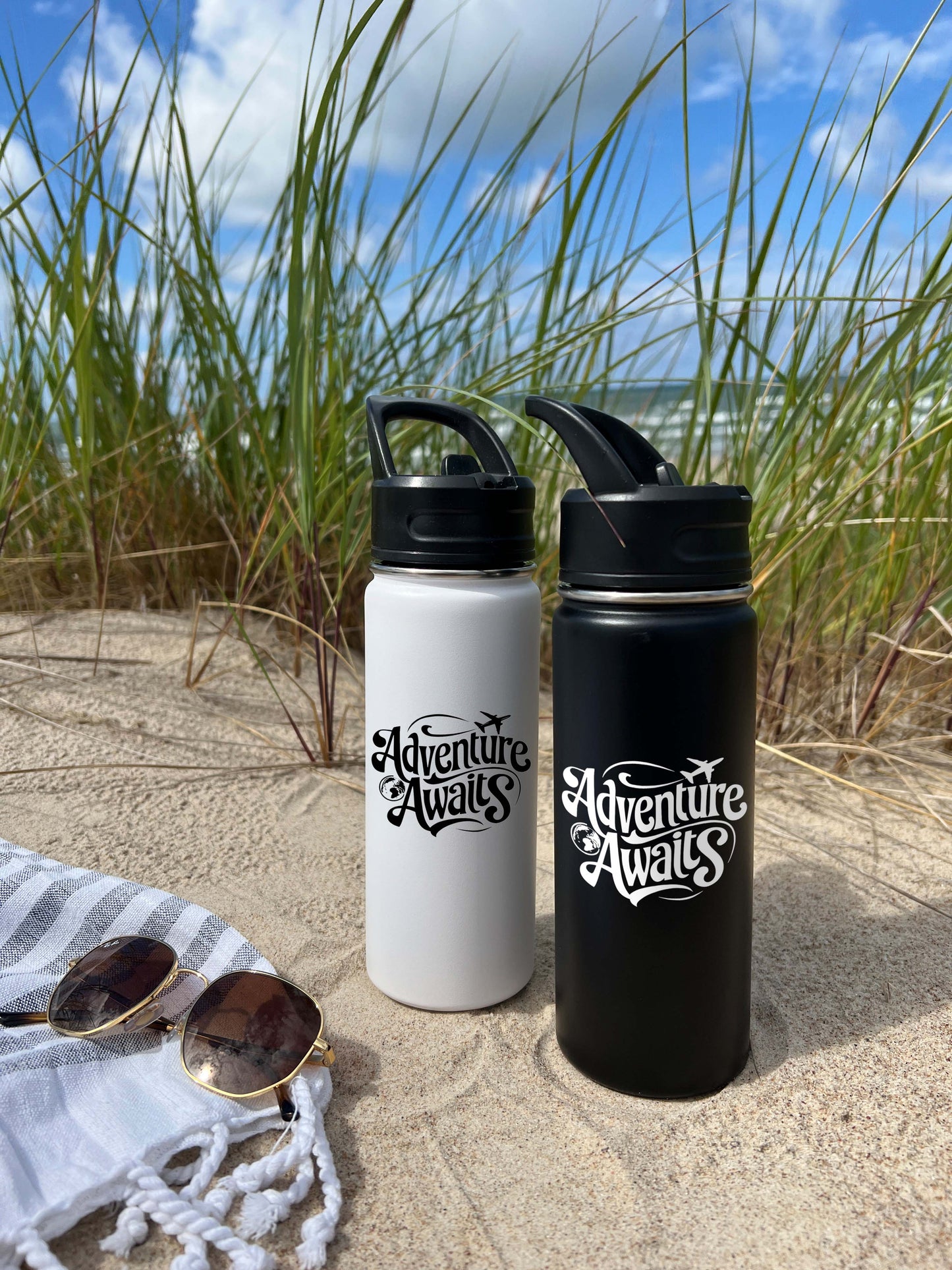 Adventure Awaits Sports Water Bottle 18/32 oz, Traveling, Stainless Steel Insulated Flasks, Custom Water Bottle, Name Bottle,  Keeps Cold 24 Hrs