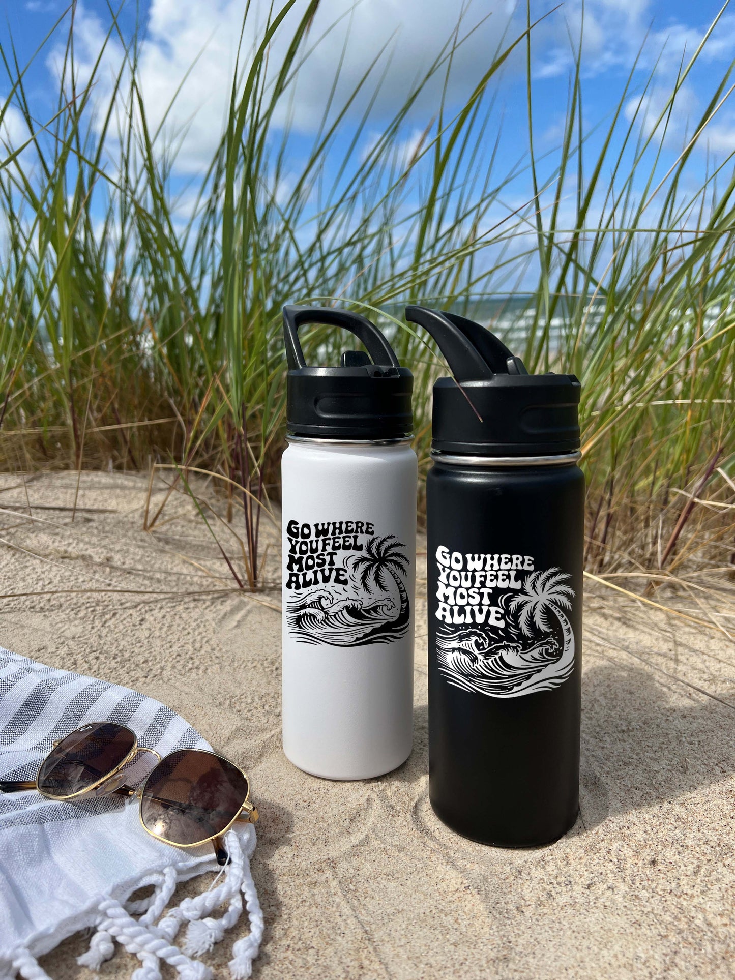 Palm tree and Wave Sports Water Bottle 18/32 oz,  Stainless Steel Insulated Flasks, Custom Water Bottle, Name Bottle,  Keeps Cold 24 Hrs