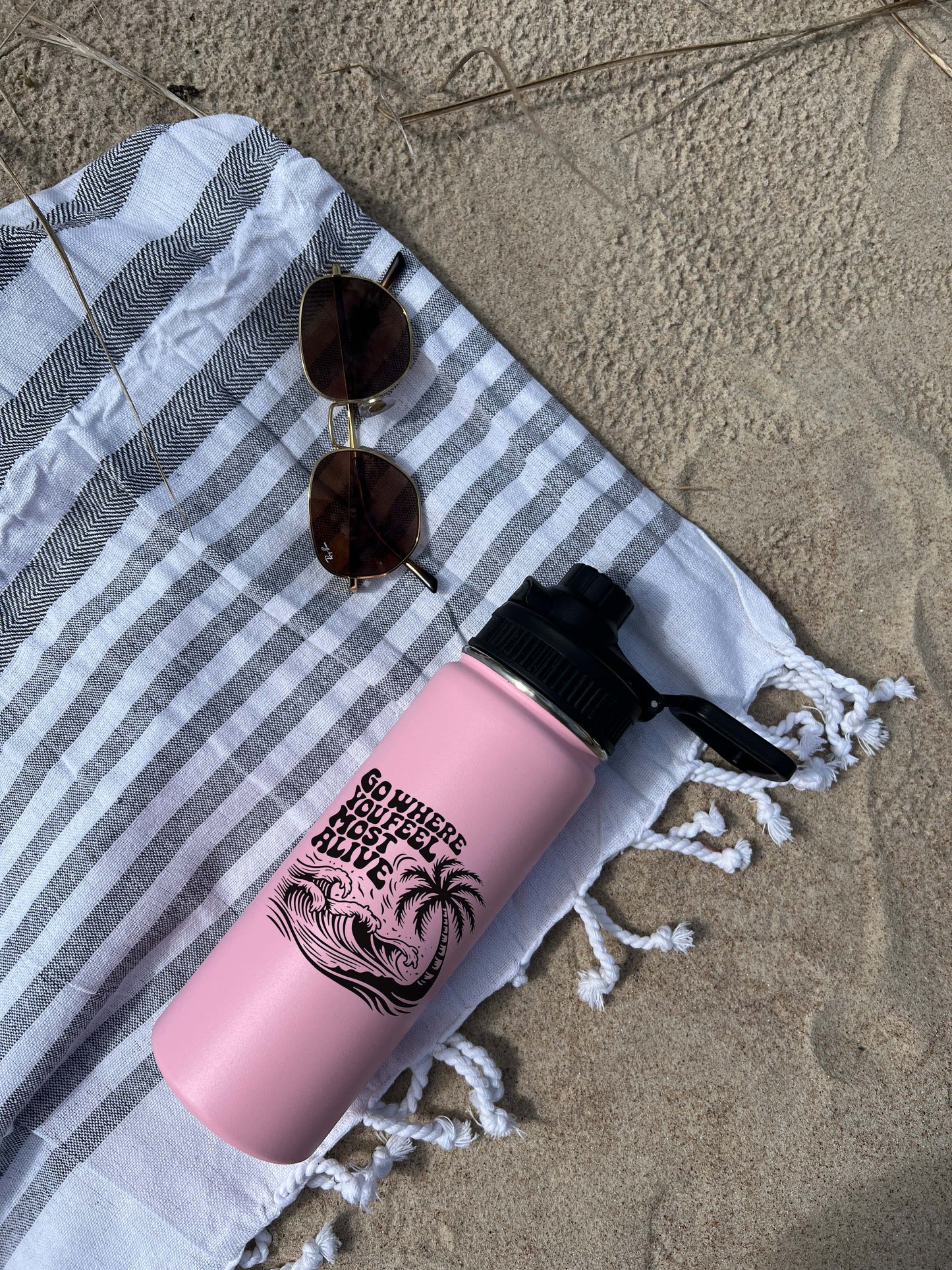 Palm tree and Wave Sports Water Bottle 18/32 oz,  Stainless Steel Insulated Flasks, Custom Water Bottle, Name Bottle,  Keeps Cold 24 Hrs