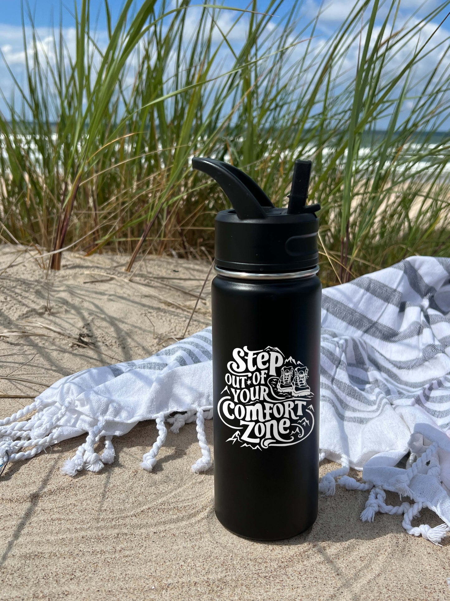 Step out of Comfort Zone Sports Water Bottle 18/32 oz, Traveling, Stainless Steel Insulated Flasks, Custom Water Bottle, Name Bottle,  Keeps Cold 24 Hrs