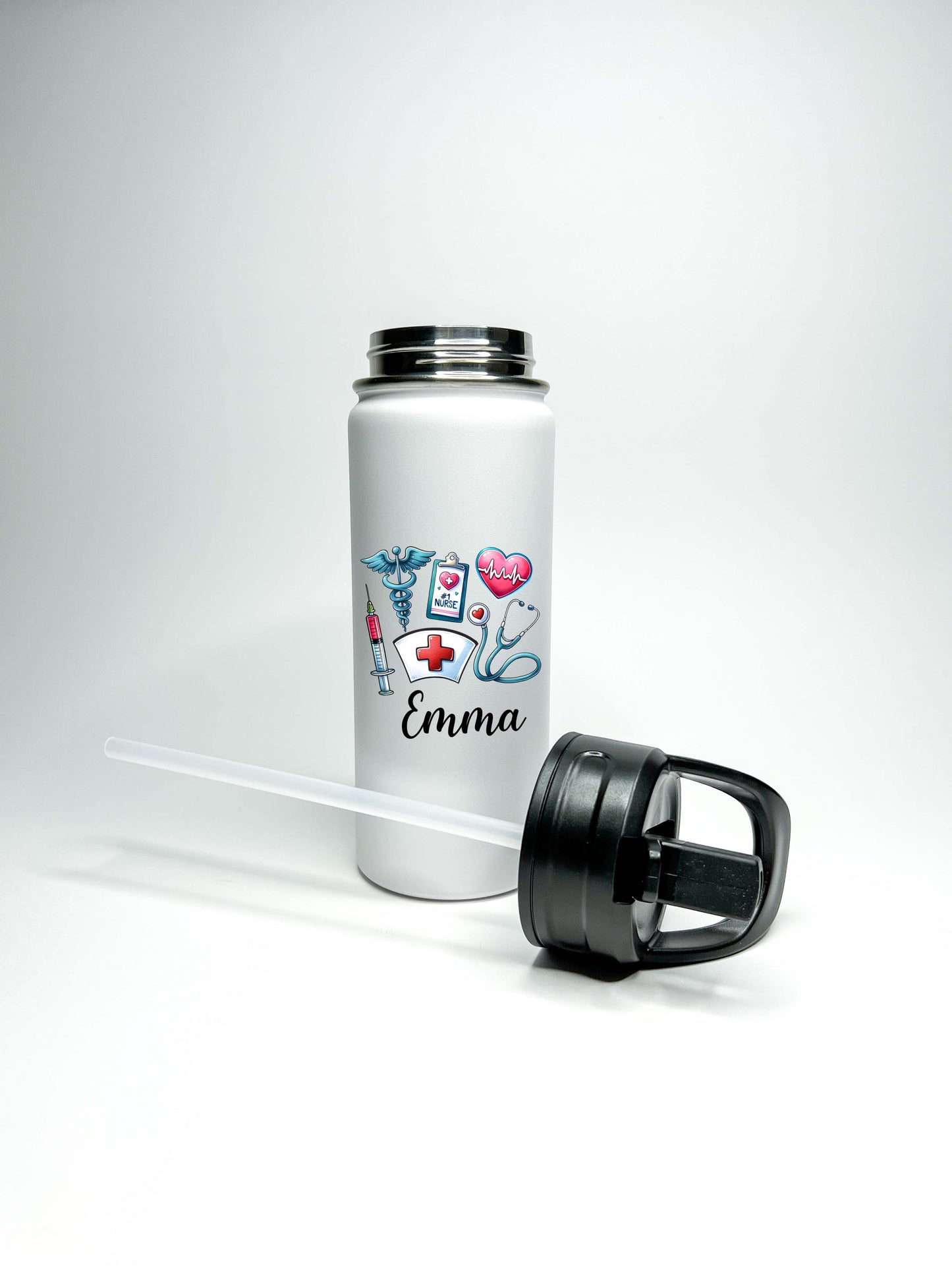 Nurse Sports Water Bottle 18/32 oz Stainless Steel Insulated Flasks, Custom Water Bottle, Name Bottle, Heart and Nurse Symbol Keeps Cold 24 Hrs