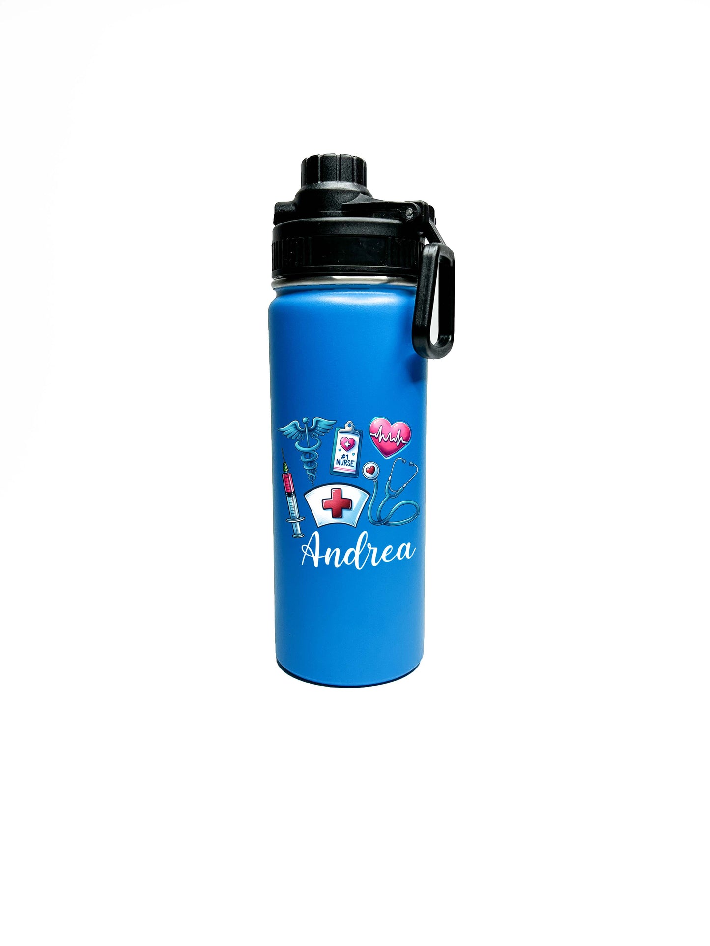 Nurse Sports Water Bottle 18/32 oz Stainless Steel Insulated Flasks, Custom Water Bottle, Name Bottle, Heart and Nurse Symbol Keeps Cold 24 Hrs