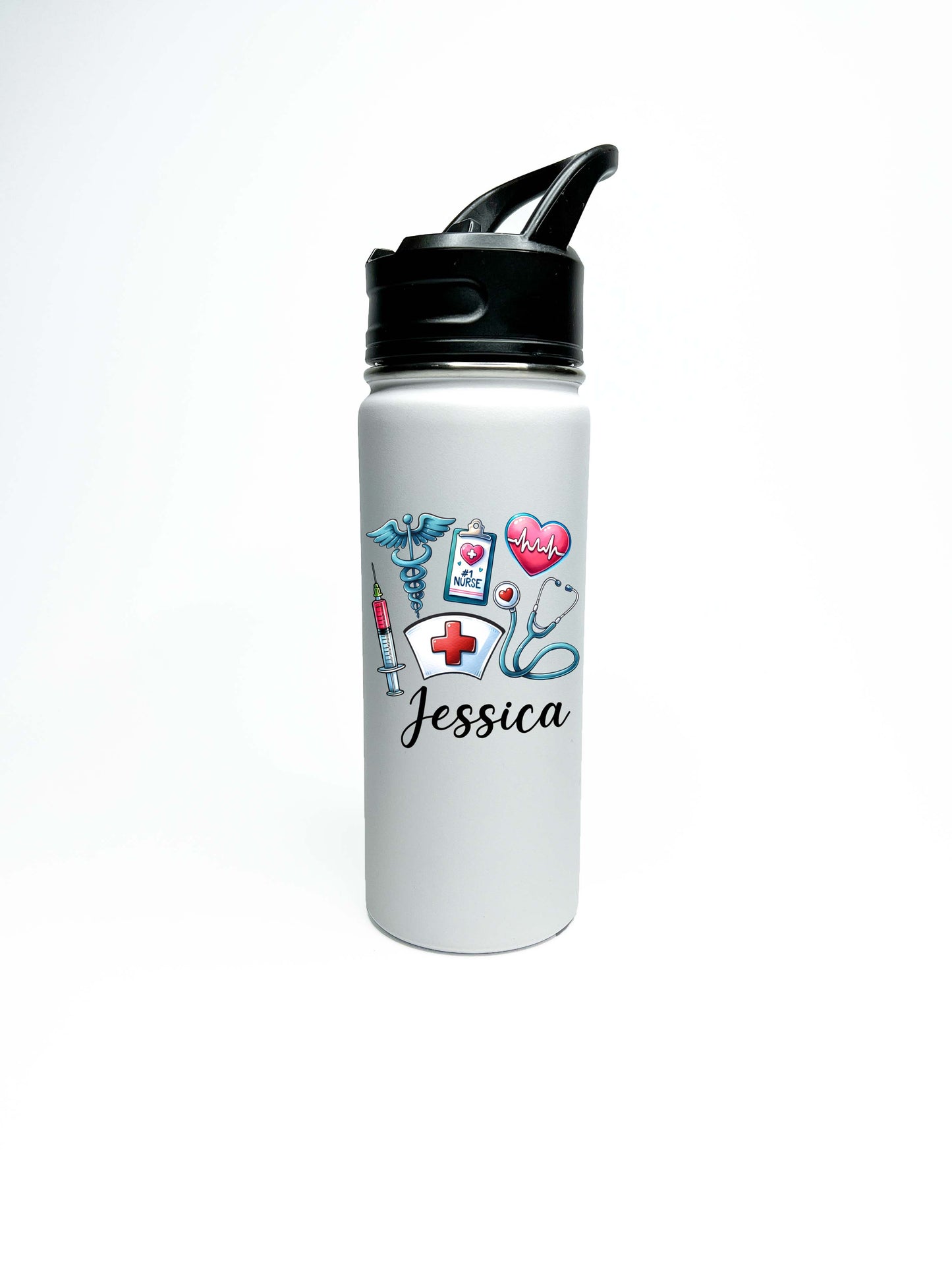 Nurse Sports Water Bottle 18/32 oz Stainless Steel Insulated Flasks, Custom Water Bottle, Name Bottle, Heart and Nurse Symbol Keeps Cold 24 Hrs