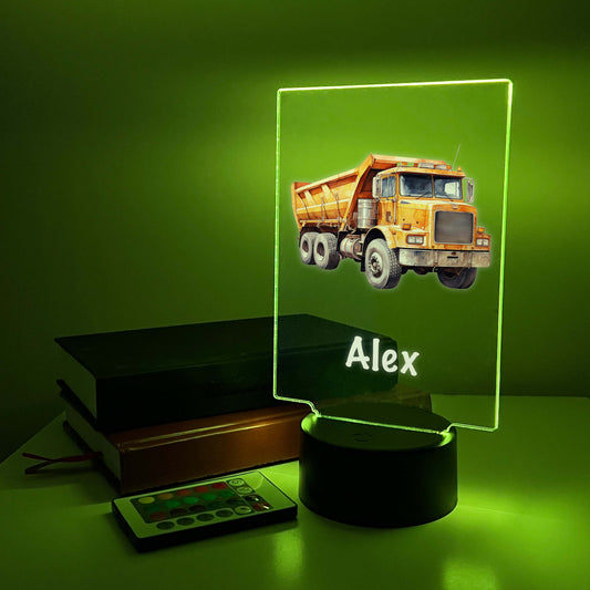 Free Personalized LED Stand Night Light Up Table Lamp Boys Room Decor, Construction, Dump Truck Dumping Trailer, Heavy Duty Equipment Gift