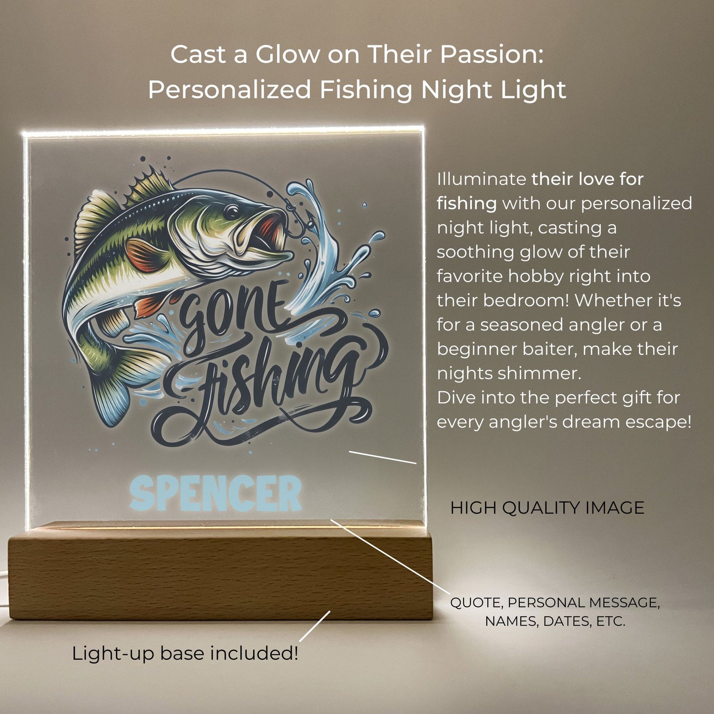 Gone Fishing Night Light Up Desk Table Wooden Stand Room Decor Fish Frame, LED Night Lamp, Engraved Gift, Fishin' Theme, Personalized Free!