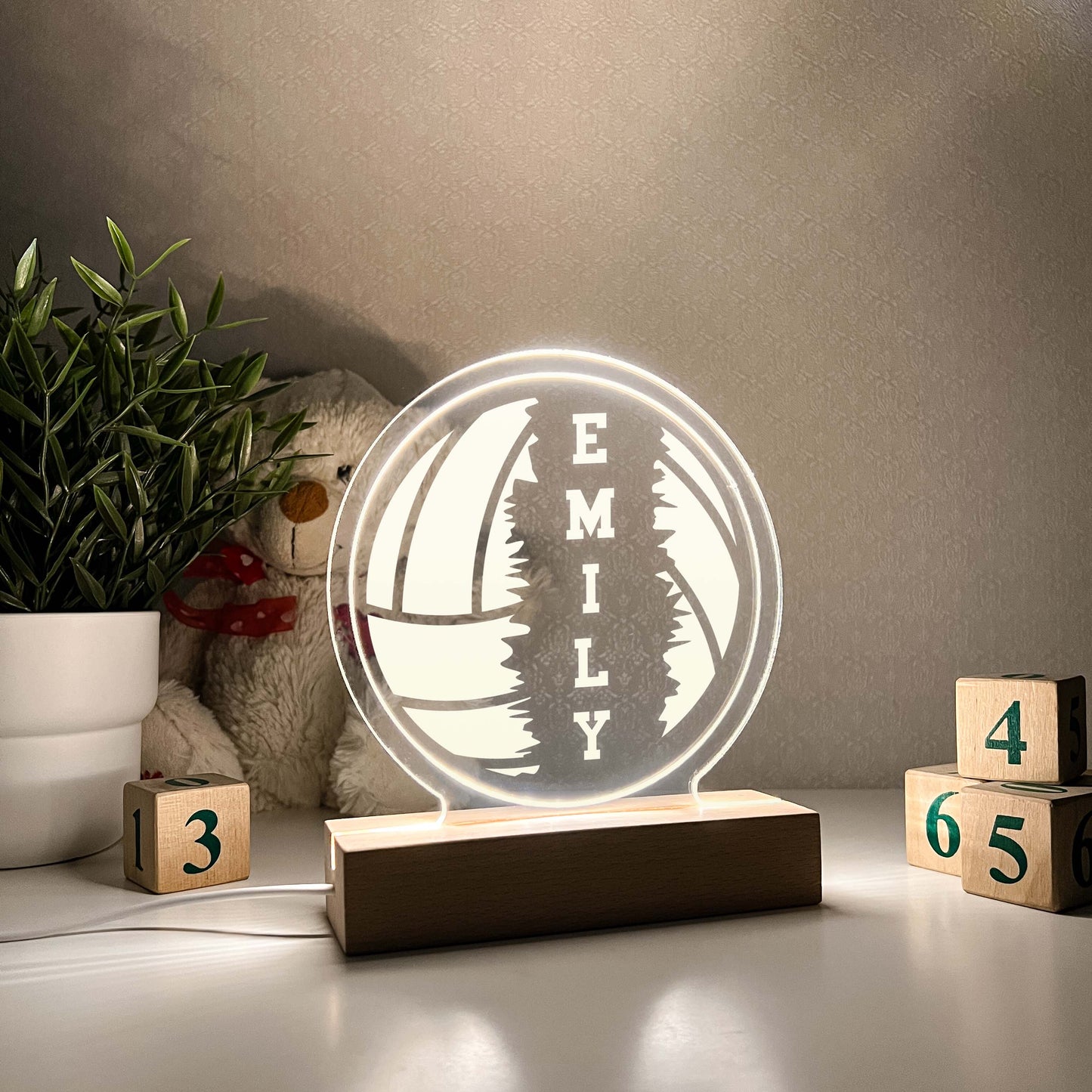 Volleyball LED lamp, Wooden Stand with White light, Volleyball Gift, Senior Year Volleyball Gift, Athlete, Personalized Gift , Sports Bedroom , Stripe, Room Decor