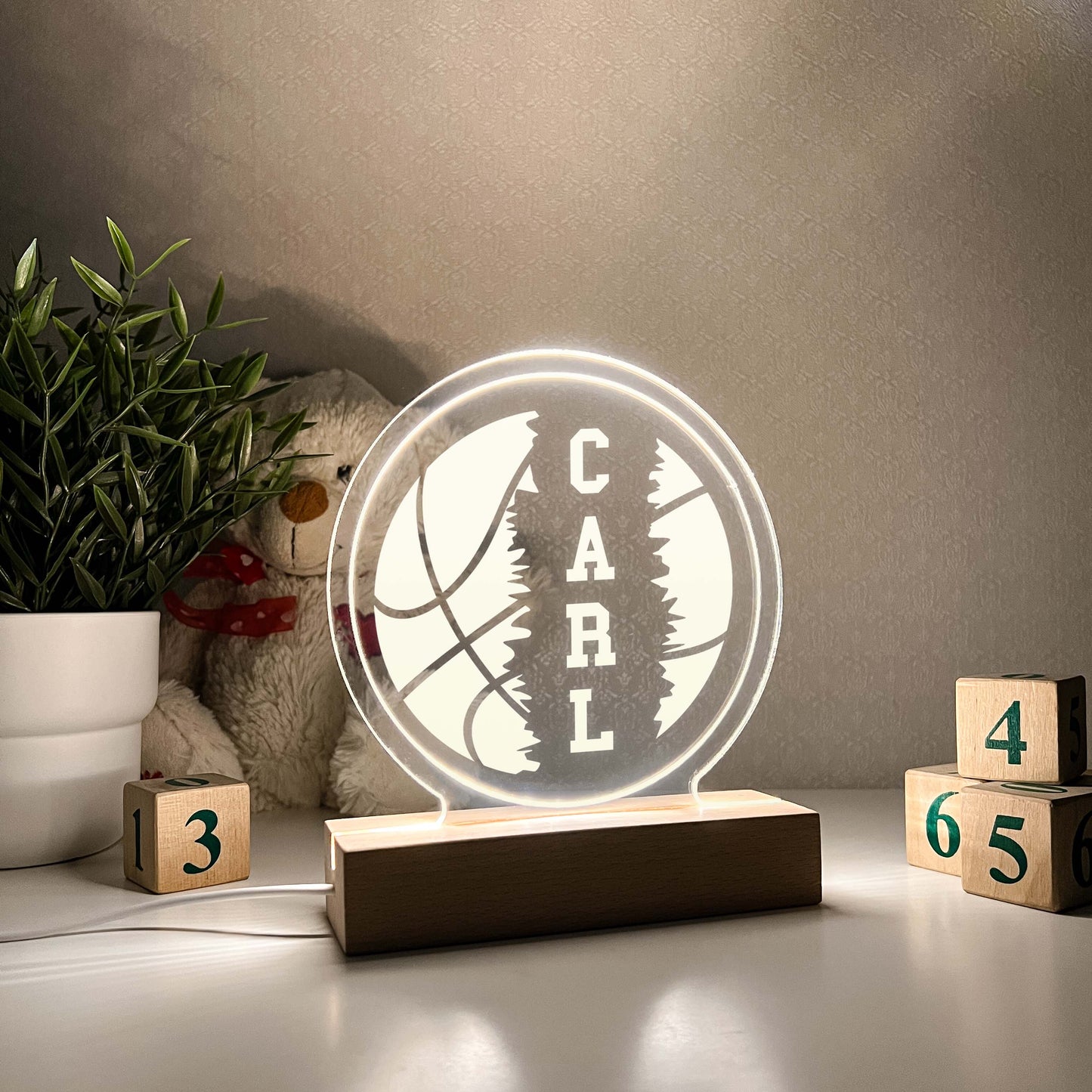 Basketball 3D Night Light with Wooden Base, Gift for Basketball Player, Personalized Gift, Desk Lamp, Sports Bedroom, Basketball Gift, Room Decor, Girls or Boys, Stripe