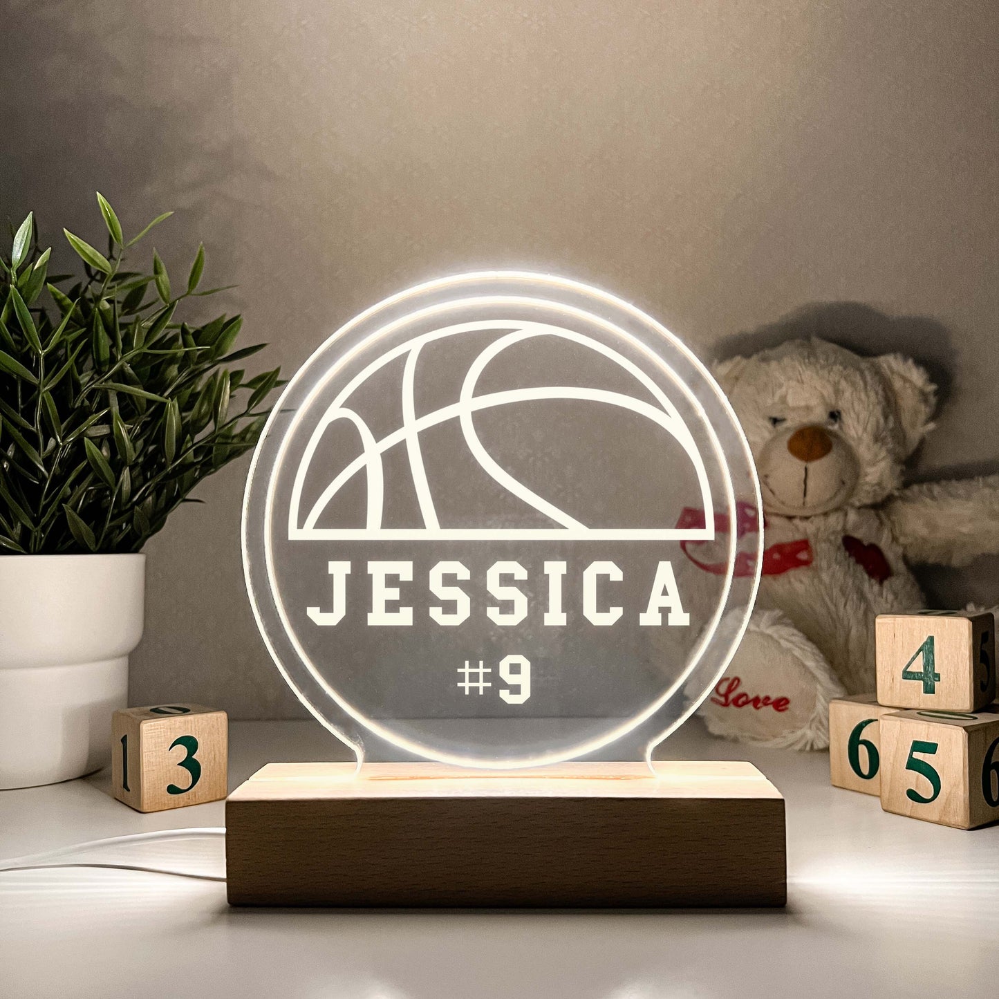 Basketball 3D Night Light with Wooden Base, Gift for Basketball Player, Personalized Gift, Desk Lamp, Sports Bedroom, Basketball Gift