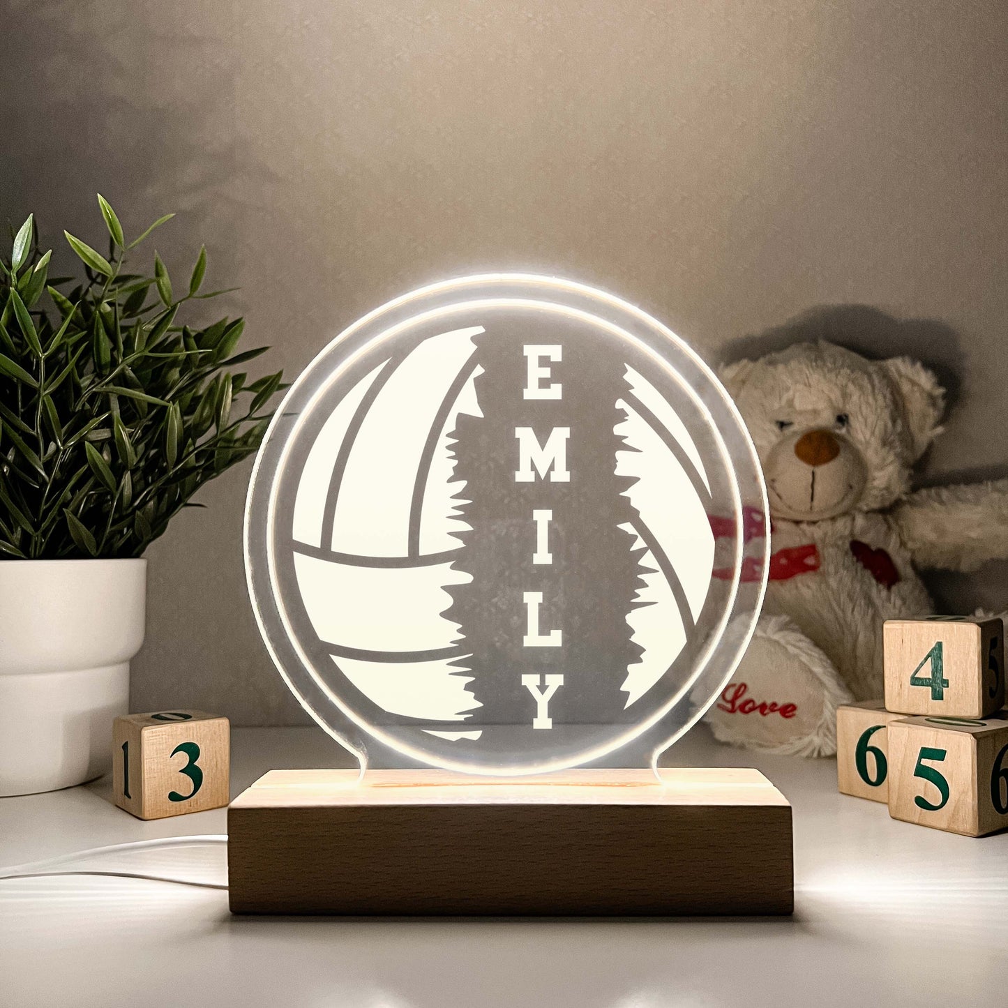 Volleyball LED lamp, Wooden Stand with White light, Volleyball Gift, Senior Year Volleyball Gift, Athlete, Personalized Gift , Sports Bedroom , Stripe, Room Decor