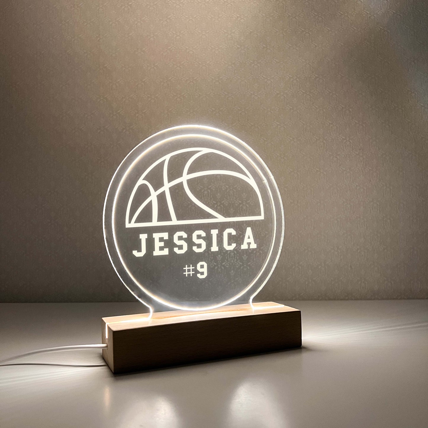 Basketball 3D Night Light with Wooden Base, Gift for Basketball Player, Personalized Gift, Desk Lamp, Sports Bedroom, Basketball Gift