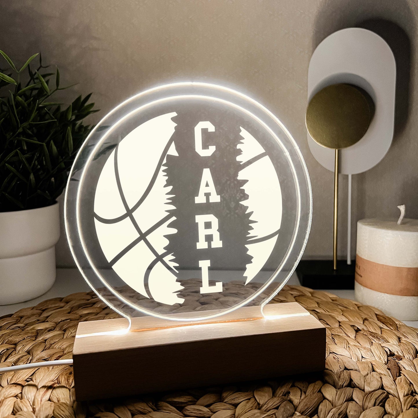 Basketball 3D Night Light with Wooden Base, Gift for Basketball Player, Personalized Gift, Desk Lamp, Sports Bedroom, Basketball Gift, Room Decor, Girls or Boys, Stripe