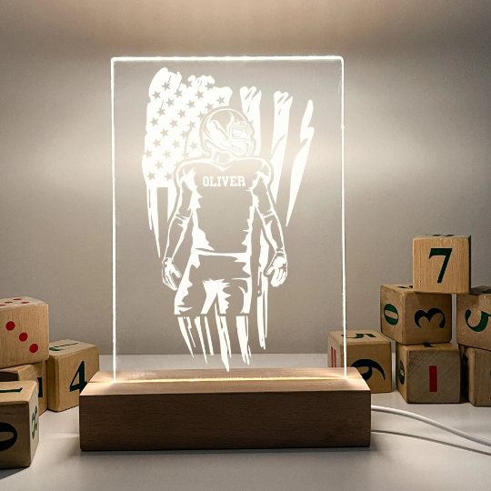 American Football Player Wood Night Light Up Stand Table Desk Lamp LED Personalized Free Engraving