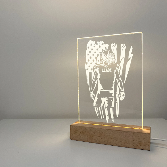 American Football Player Wood Night Light Up Stand Table Desk Lamp LED Personalized Free Engraving