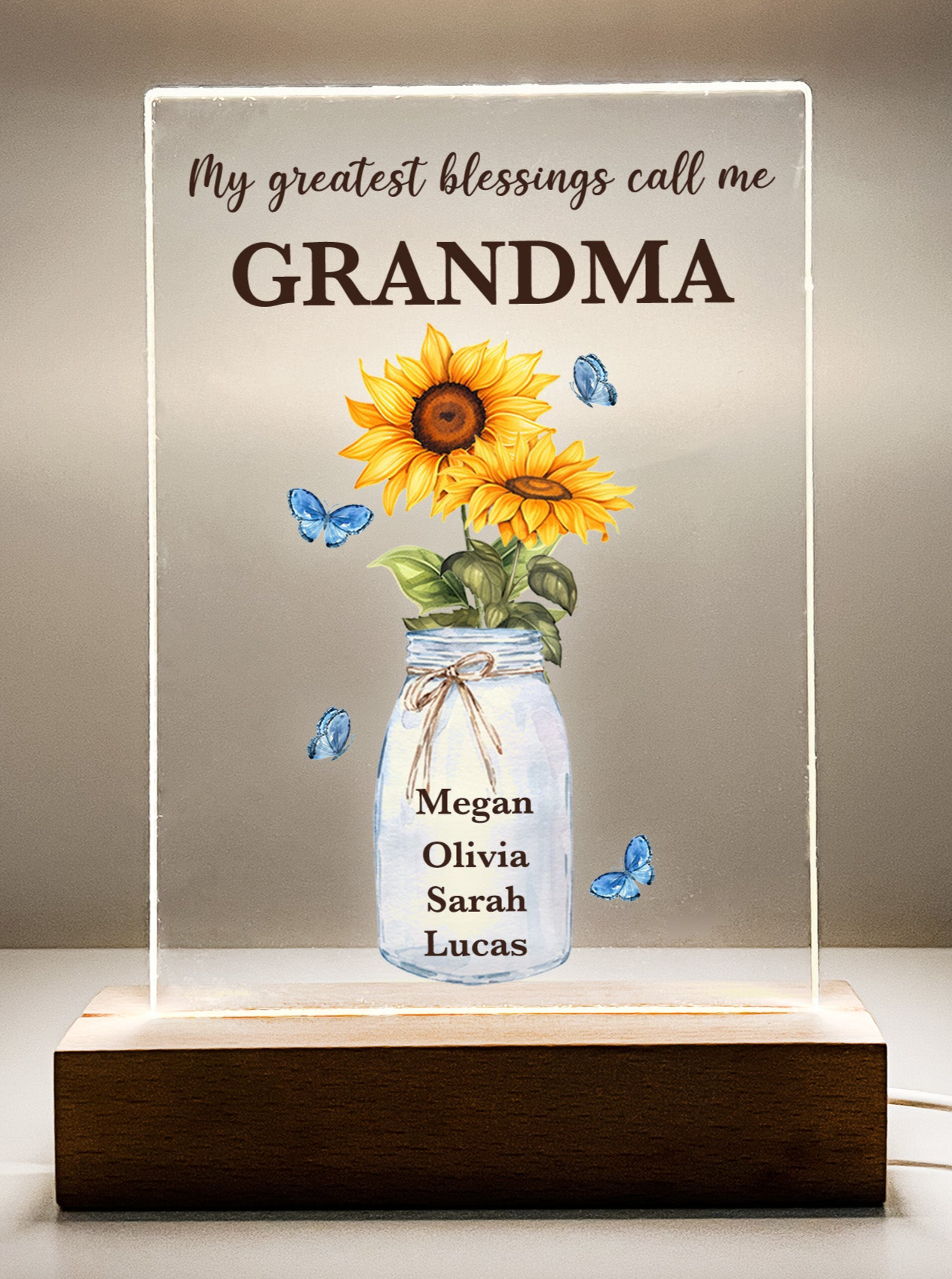 Custom LED Wood Stand Sunflower Personalized Gift Night Light Up Lamp My Greatest Blessings Call Me Mom, Mommy, Mother, & Children's Names