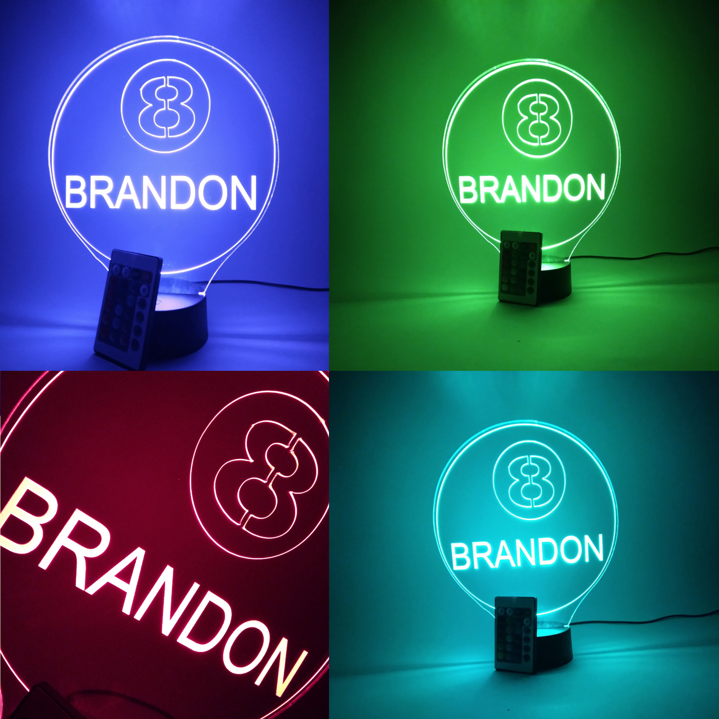 8 Eight Ball Pool Billiards Personalized Night Light Up Table Desk Lamp LED Eight ball Cue Sports Games Name Engraved 16 Colors with Remote