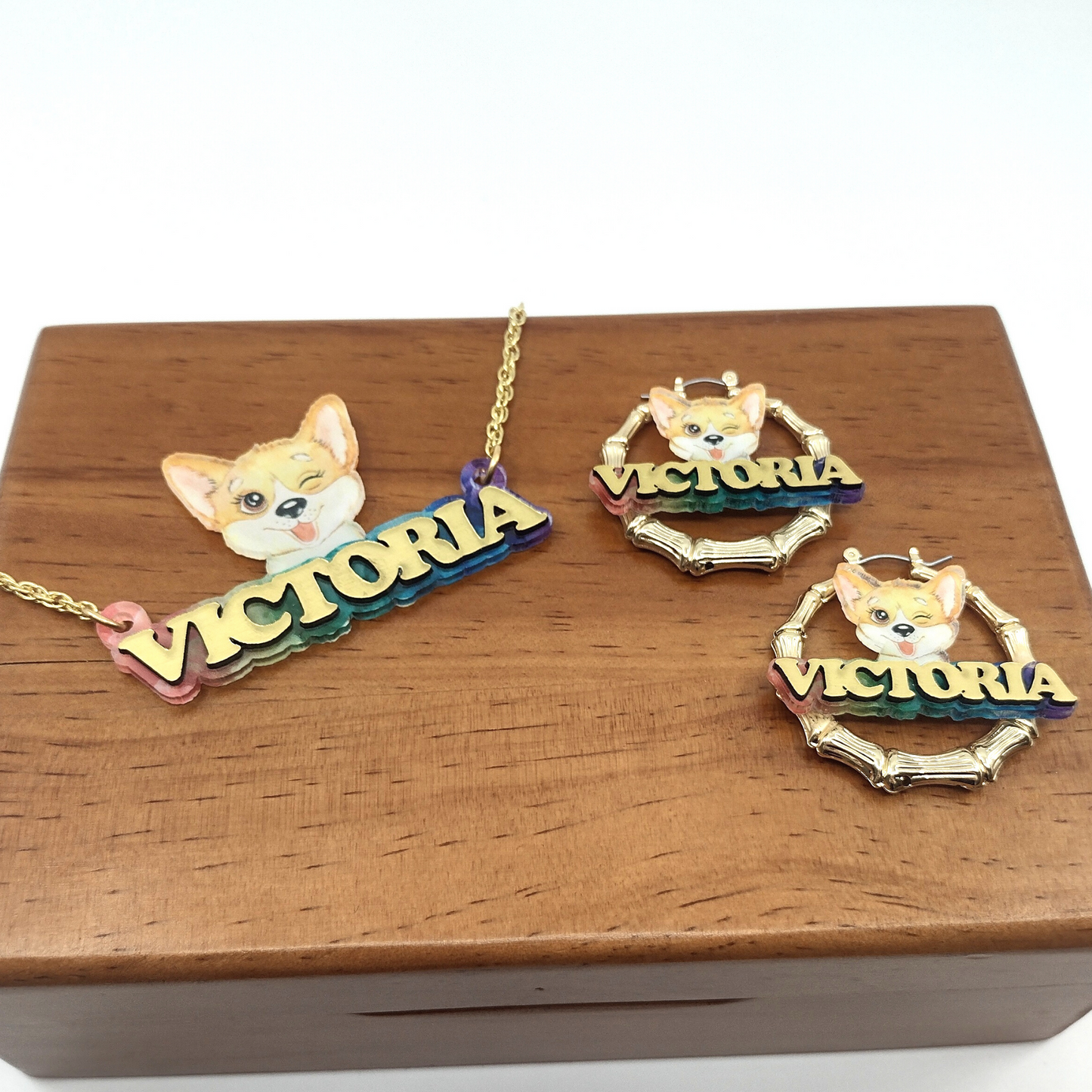 Custom Name Earrings and Necklace Jewelry Set, UV Printed, Personalized Puppy Design