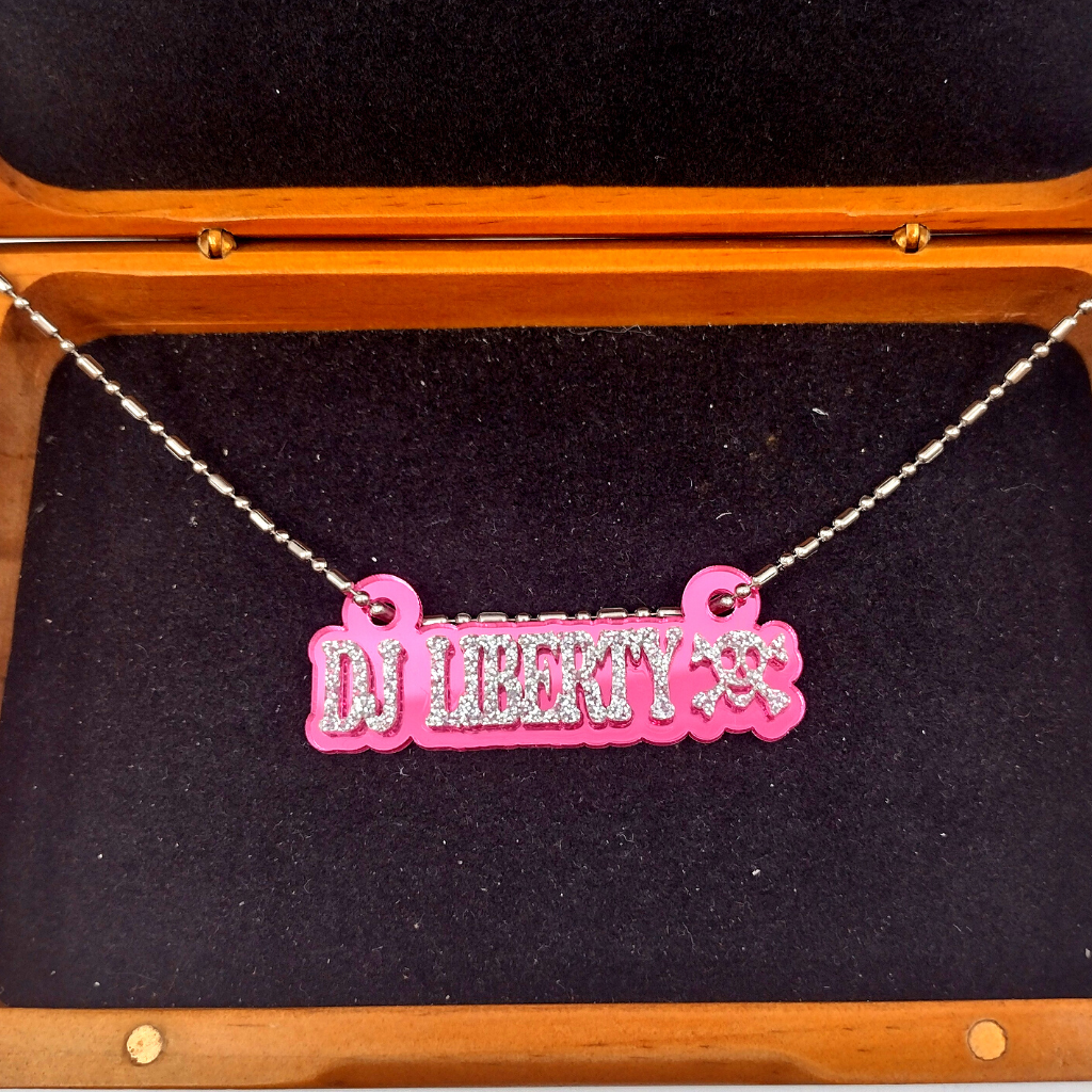 Custom Skull and Crossbones Name Necklace, Personalized Glitter Name Necklace