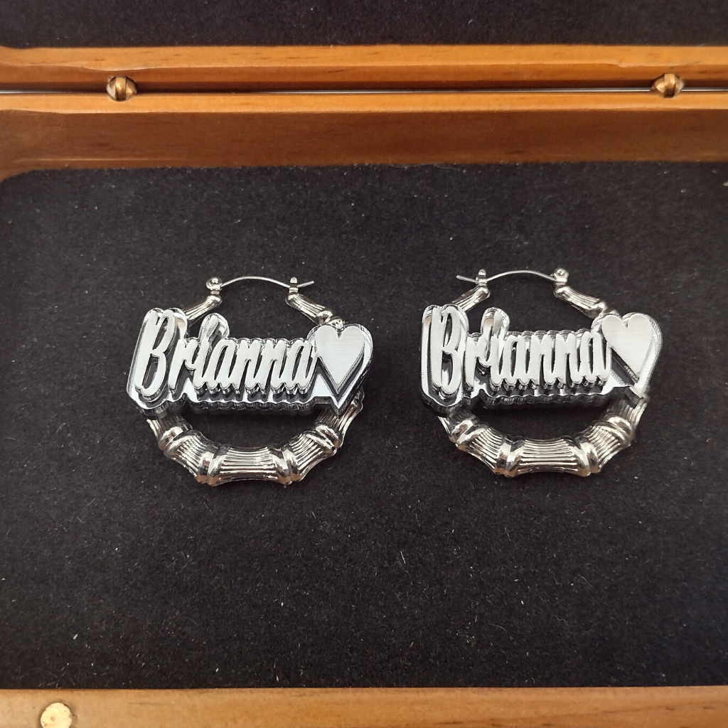 Custom Name with Heart and Background Silver Bamboo Hoop Earrings