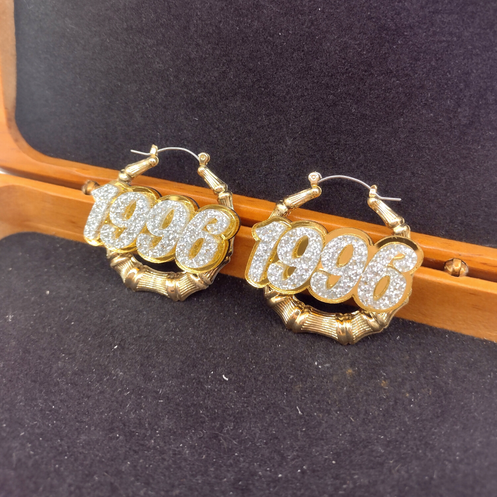 Custom Name and Background Gold Bamboo Hoop Earrings