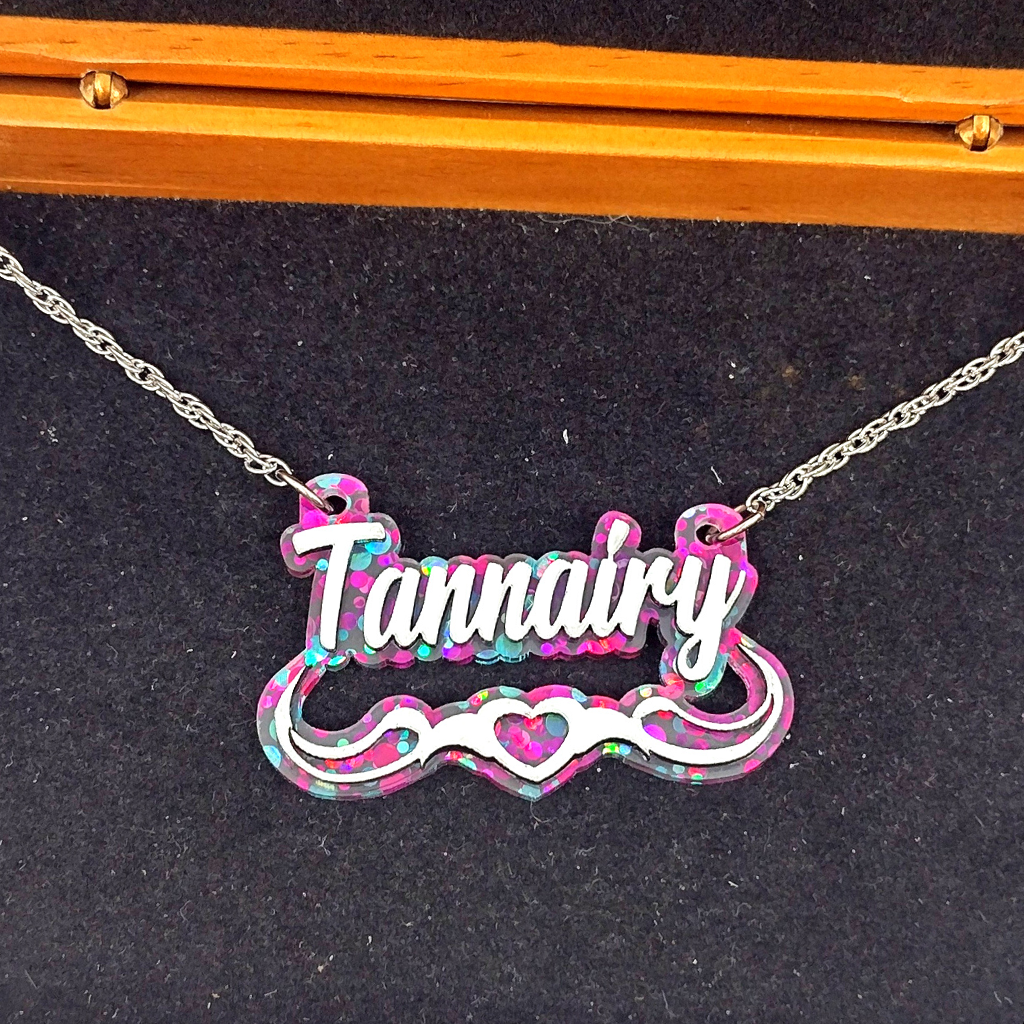 Custom Silver Confetti Multi-Color Heart and Swirl Name Necklace