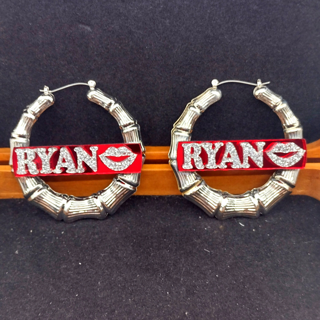Custom Name with Lips and Background Silver Bamboo Hoop Earrings