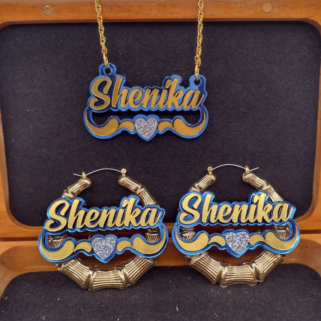 Custom Gold Heart and Swirl Name and Background Necklace and Earrings Jewelry Set