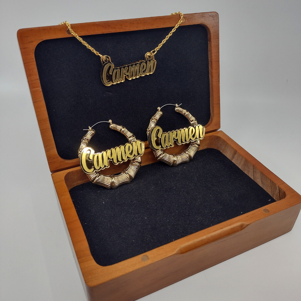 Custom Gold Hoop Earrings and a Name Necklace, Personalized Name and Background Color, Hand-made Jewelry Set