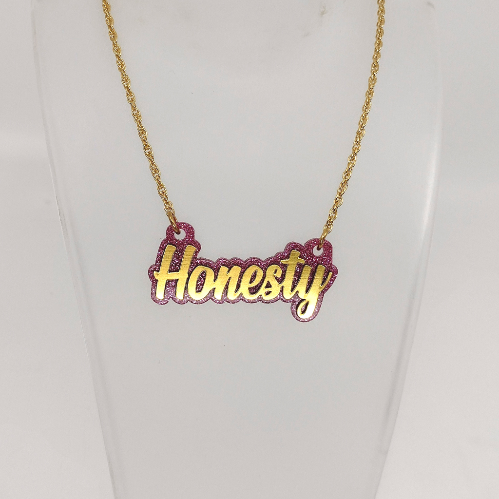 Custom Gold and Pink Glitter Background Name Necklace