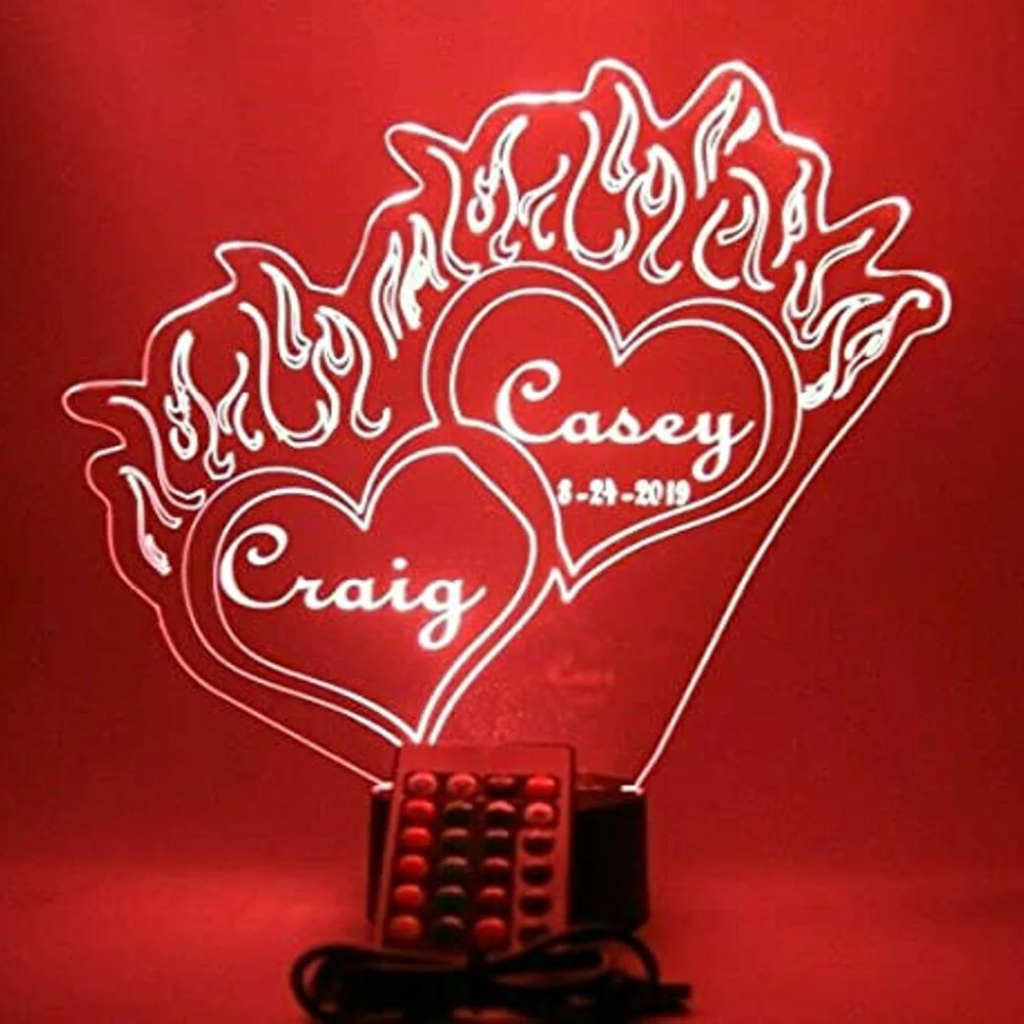 Double Hearts with Flames LED Tabletop Night Light Up Lamp, 16 Color options with Remote