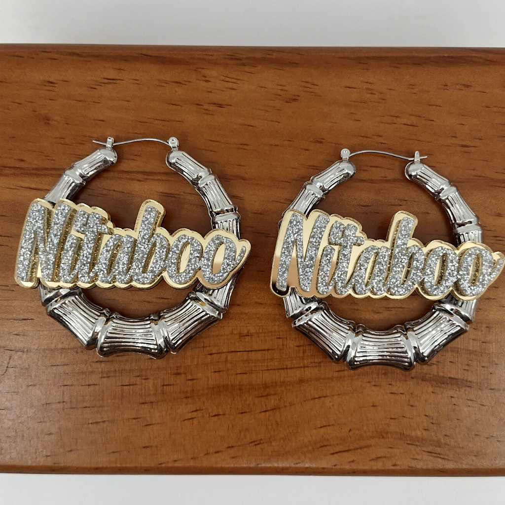 Custom Name and Background Silver Bamboo Hoop Earrings