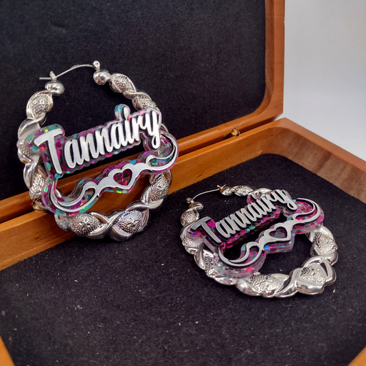 Custom Silver Confetti Multi-Color Heart and Swirl Name Earrings