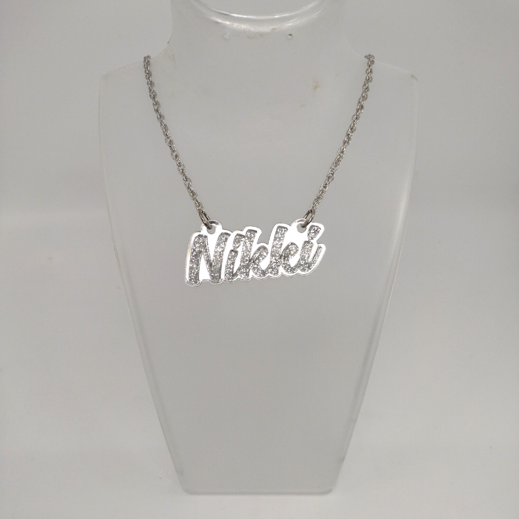 Custom Name and Background Necklace, Script Glitter Letters