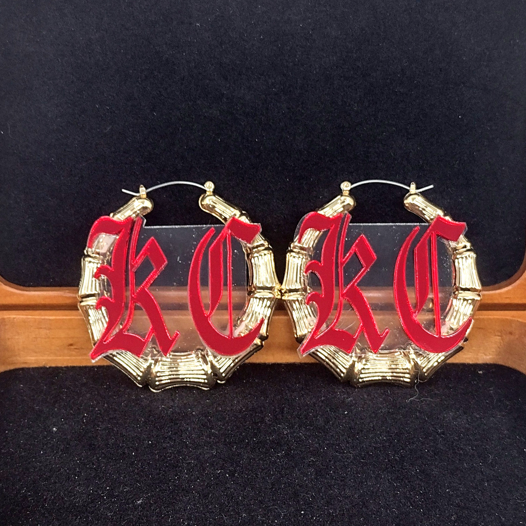 Old English Custom Two Initials Letter Color Bamboo Hoop Earrings