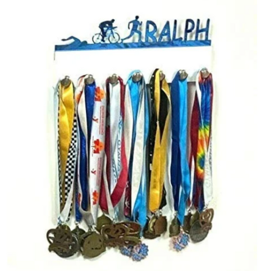 Triathlon Multi Sports Personalized Sports Medal Holder, Handmade Wall Organizer, Storage Space for Your Living Space