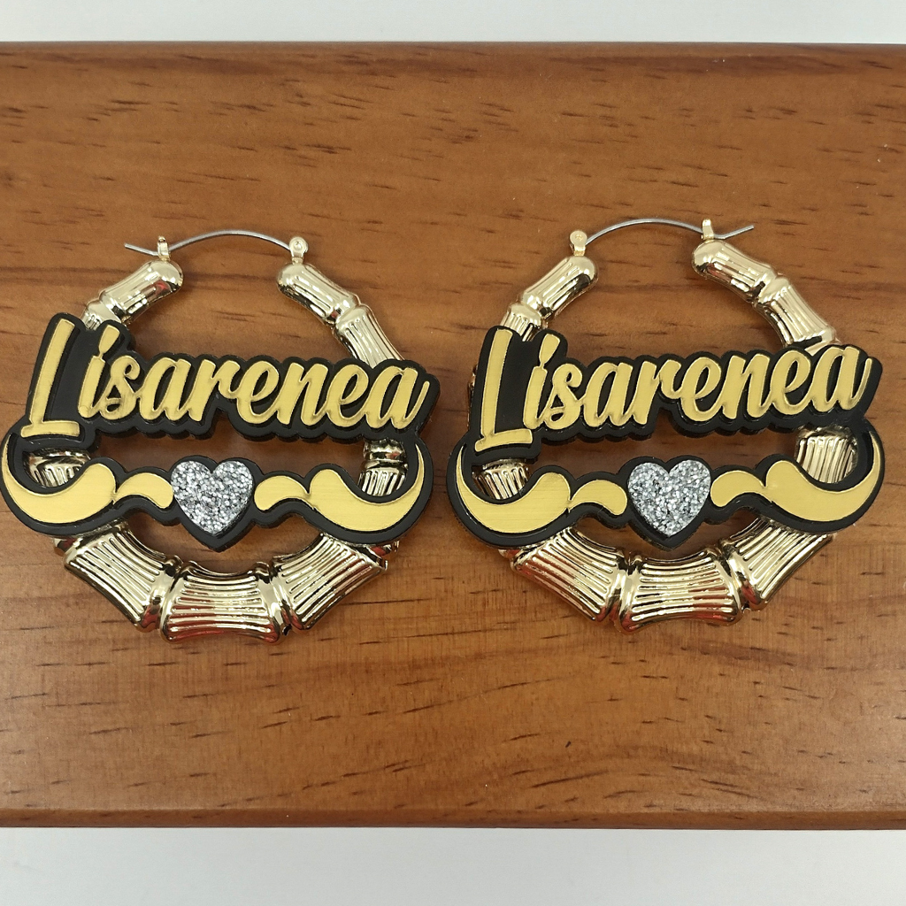 Heart and Swirl Custom Name and Background Gold Bamboo Hoop Earrings